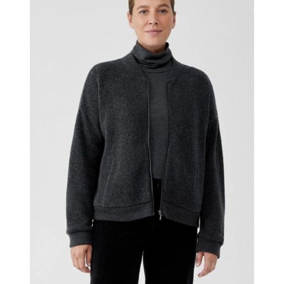 Eileen Fisher Womans Boucle Wool Knit Flight Jacket S small Charcoal Gray NWT - Picture 1 of 7
